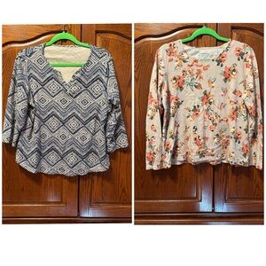 2️⃣ Blue Geometric & Cream Floral Long Sleeve Tops